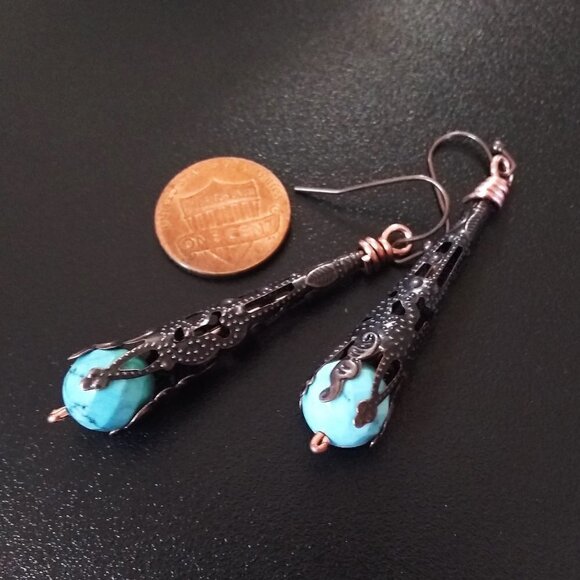 Copper Filigree & Blue Howlite Dangle Earrings! Lightweight Boho Coastal Cowgirl - Picture 4 of 9